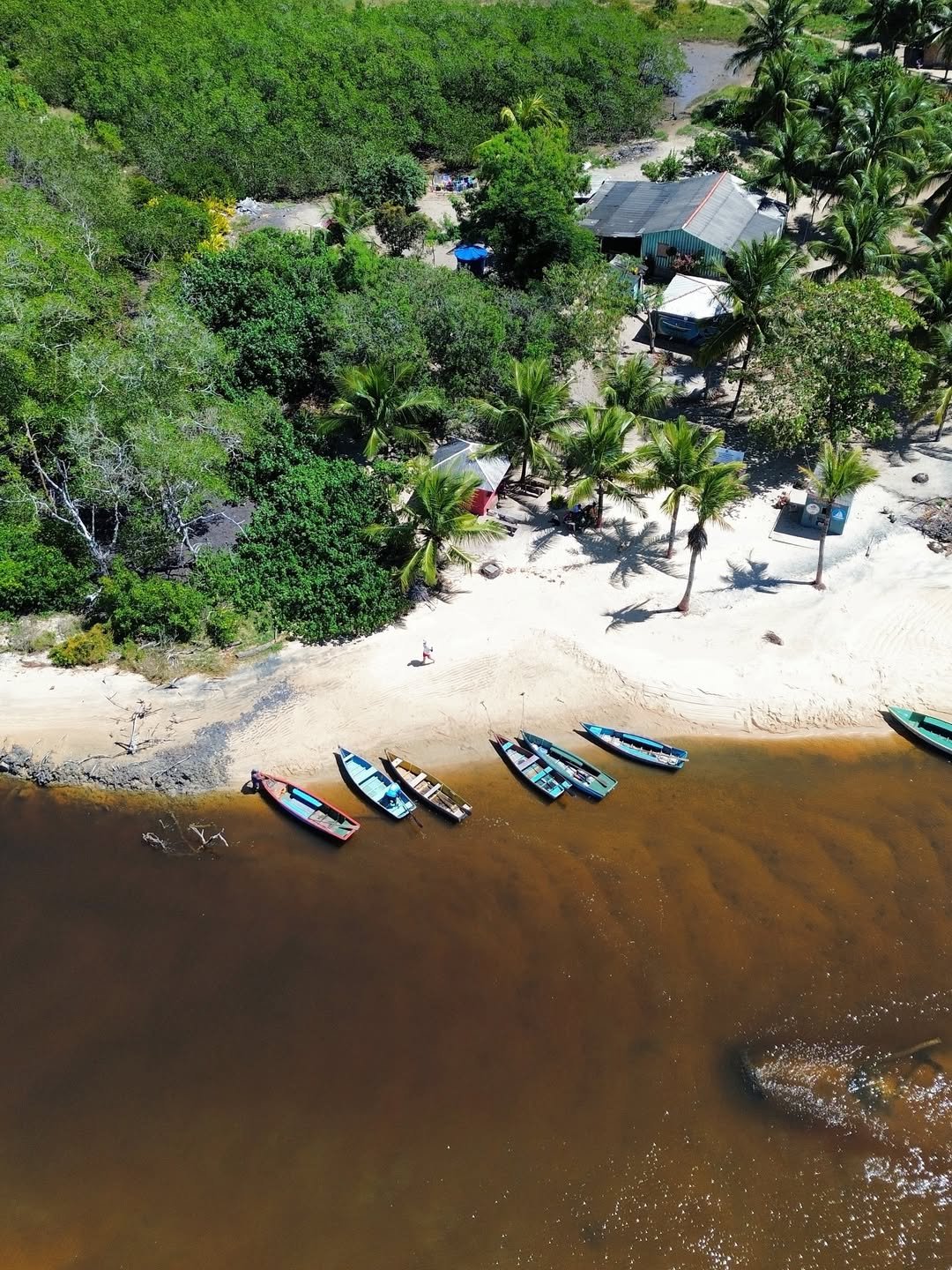 Barcos de pesca coloridos ancorados na margem do rio em Corumbau