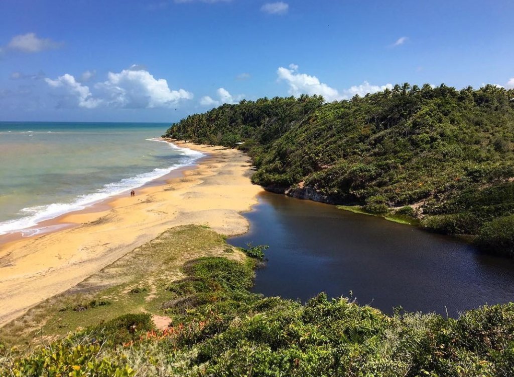 Lagoa de água doce encontrando o mar na Praia do Satu, com faixa de areia e mata nativa